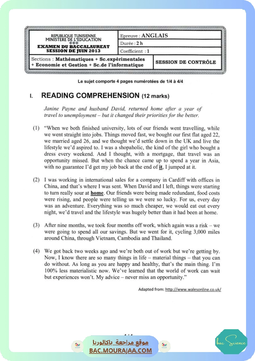Sujet controle anglais Bac 2013 – Section science